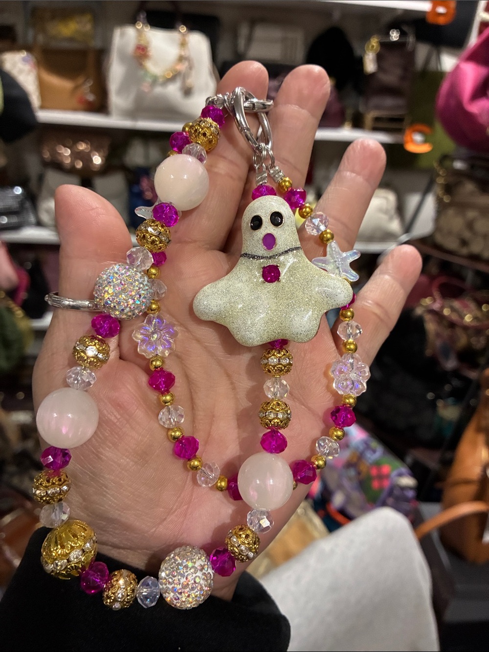 Bag Charm Handmade Pink & Gold Ghost Beaded Necklace Keychain